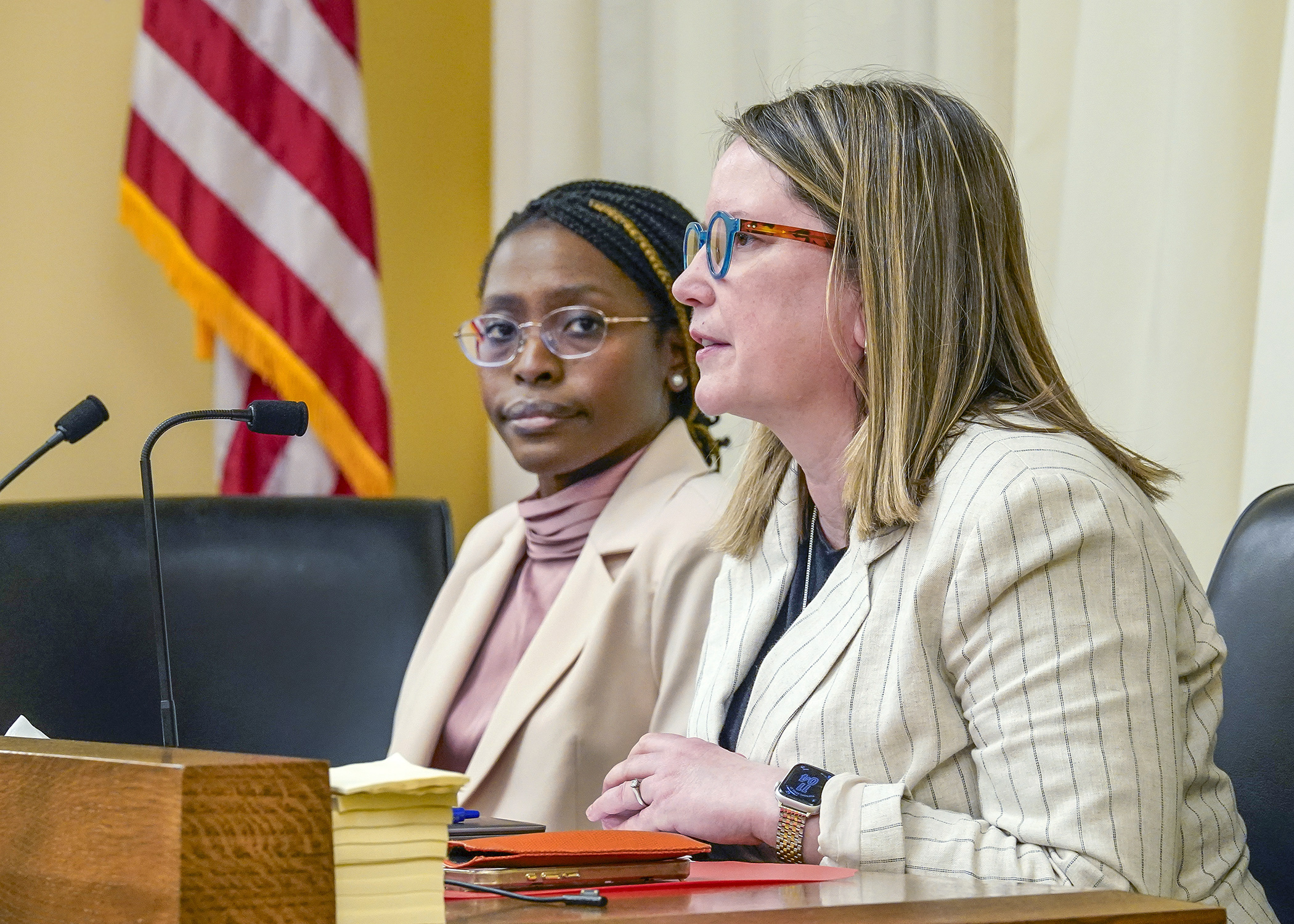 Angie Skildum, development finance director for the City of Minneapolis, testifies before the House Taxes Committee April 21 in support of a bill sponsored by Rep. Esther Agbaje, left, that would modify local sales tax use of revenue. (Photo by Andrew VonBank)